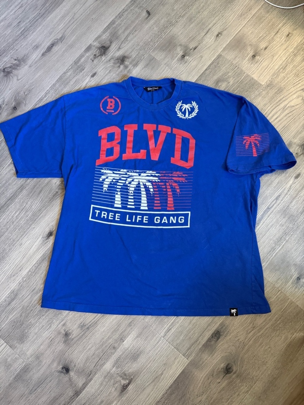 BLVD Blue Short Sleeve Tee with Red & White Graphics